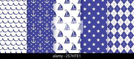 Nautical seamless pattern. Vector. Sea backgrounds with sailboat, anchor, star, waves and rhombuses. Set marine summer textures. Geometric blue print for baby shower, scrapbooking. Color illustration Stock Vector