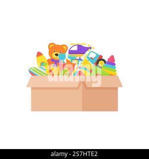 Box with baby toys. Kids toy isolated on white background. Set baby stuff in cardboard container. Baby toys in box. Vector illustration in flat design. Stock Vector