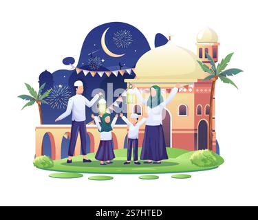 Happy Family celebrating Islamic new year on the 1st of Muharram. Flat vector illustration Stock Vector
