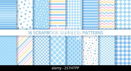 Scrapbook seamless pattern. Baby boy backgrounds. Vector. Set textures with star, polka dots, stripes, zigzag and plaid. Cute retro prints. Pastel blue illustration. Trendy packing papers.. Scrapbook seamless pattern. Vector illustration. Baby shower pastel backgrounds. Stock Vector