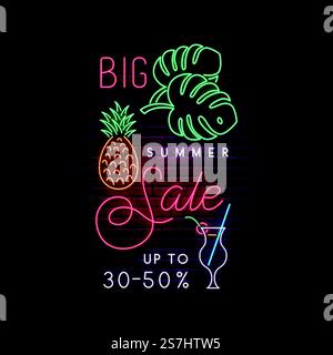Neon Sale signboard. Bright advertising banner with tropical leaves, pineapple and cocktail in neon style. Stock vector illustration. Stock Vector