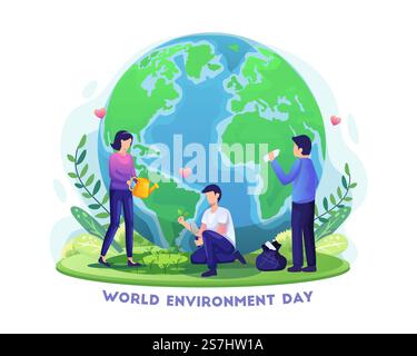 Hand drawn World Environment Day with People are gardening and cleaning the earth. save the planet flat vector illustration Stock Vector