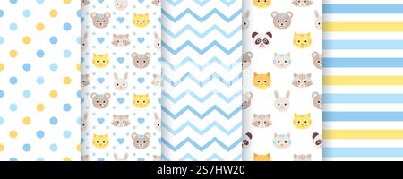 Baby pattern. Baby boy seamless backgrounds. Kids textures with animals, polka dot, zig zag and stripes. Baby boy seamless patterns. Blue pastel textures. Vector illustration. Stock Vector