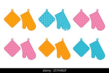 Oven mitt and potholder. Vector. Kitchen accessory isolated on white background. Cooking mitten, oven-glove in flat design. Kitchenware icon. Color illustration.. Oven mitt and potholder. Vector illustration. Kitchenware symbols. Stock Vector
