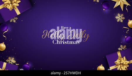 Have a Holly Jolly Christmas. Xmas flat lay composition. Realistic violet gift boxes, Shiny golden confetti and baubles. Festive Greeting banner. New Year Sale baner. Top view. Stock Vector