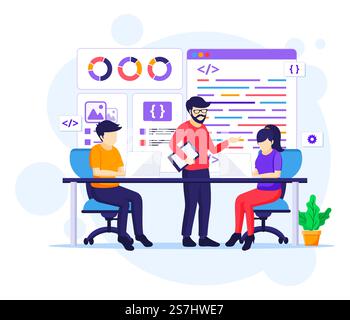 Programmers at work concept, People work on table using laptops programming and coding flat vector illustration Stock Vector