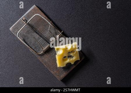 Wooden mousetrap with a piece of yellow cheese on a dark background, close up, top view. Rodent trap Stock Photo