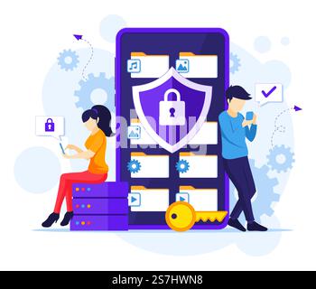 Data protection concept, people protecting data and files on a giant smartphone vector illustration Stock Vector