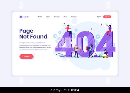 Landing page design concept of 404 error page not found with people trying to fix error on a web page near big symbol 404. Flat vector illustration Stock Vector