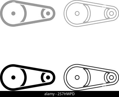 Belt transmission mechanism with two pulleys drive part automobile tension rollers engine spare auto repair wheels with rubber tape V-belt Automotive concept set icon grey black color vector illustration image simple solid fill outline contour line thin flat style. Belt transmission mechanism with two pulleys drive part automobile tension rollers engine spare auto repair wheels with rubber tape V-belt Automotive concept set icon grey black color vector illustration image solid fill outline contour line thin flat styl Stock Vector