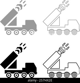 Multiple launch volley reactive rocket system fire shoots missiles set icon grey black color vector illustration image simple solid fill outline contour line thin flat style. Multiple launch volley reactive rocket system fire shoots missiles set icon grey black color vector illustration image solid fill outline contour line thin flat style Stock Vector