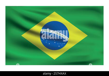 Realistic National flag of Brazil. Current state flag made of fabric. Vector illustration of lying wavy cloth in national colors of Brazil. Stock Vector