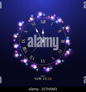 Happy New Year clock five minutes to midnight. Realistic bright garlands with gold clocks hanging on dark wall. NYE greeting card. Stock Vector
