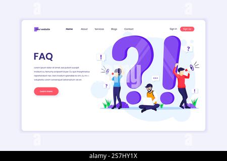Landing page design concept of Frequently Asked Question or FAQ concept with people work near big exclamation and question mark symbol. Flat vector illustration Stock Vector