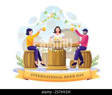 People drinking beer in a bar to celebrate International Beer day. Flat vector illustration Stock Vector