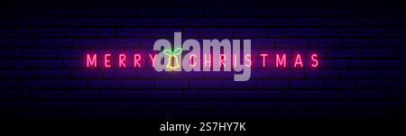 Merry Christmas neon signboard. Merry Xmas glowing neon lettering with bell on dark brick wall. Stock vector illustration. Stock Vector
