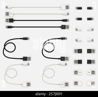 Realistic 3D USB micro cables and connectors. Set of Isolated white and black connectors. Used for mobile phone or smartphone charging or PC devices connection. Vector illustration. Realistic 3D USB micro cables and connectors Stock Vector
