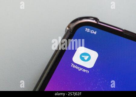 Moscow, Russia - January 19, 2025:Telegram app icon on smartphone screen displaying Stock Photo
