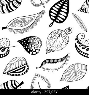 Pattern leafs black contour on white background. Vector illustration leaf. Seamless pattern can be used for wallpapers, pattern fills, web page backgrounds,surface textures.. Pattern leafs black contour on white background Stock Vector