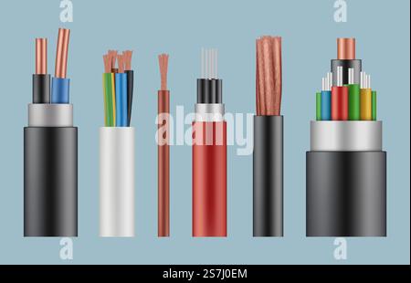 Optical cables. Wire fiber cord structure electrical line wicker vector realistic template. Illustration fiber cord, complex power optical wire. Optical cables. Wire fiber cord structure electrical line wicker vector realistic template Stock Vector