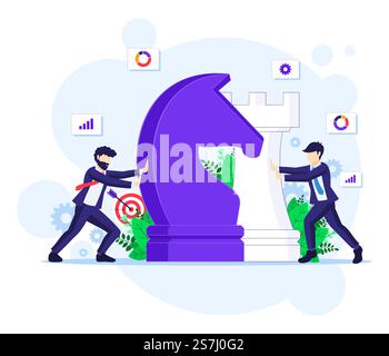 Business strategy concept with businessmen moving giant chess pieces. Strategic planning and tactics in business illustration Stock Vector