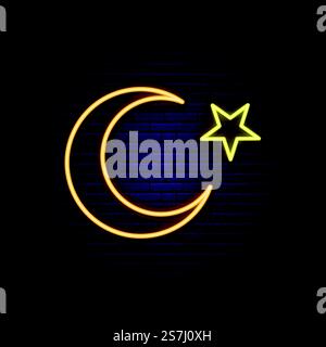 Ramadan Kareem bright night signboard. Islamic symbol crescent moon with a star in neon style. Stock vector illustration. Stock Vector
