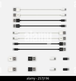 Realistic 3D USB micro cables and connectors. Set of Isolated white and black connectors. Used for mobile phone or smartphone charging or PC devices connection. Vector illustration. Realistic 3D USB micro cables and connectors Stock Vector
