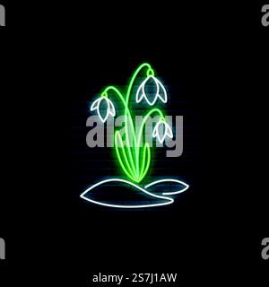 Snowdrops flowers neon sign. White flowers with green stems on dark brick wall background. Vector design in neon style for topics like spring, blooming, floral, greetings. Stock Vector