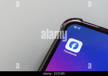 Moscow, Russia - January 19, 2025:Smartphone display with facebook app icon on screen Stock Photo