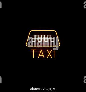 Neon taxi sign. Glowing yellow taxi symbol on brick wall background. City taxi service signboard. Vector illustration. Stock Vector