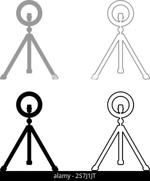 Led ring lamp on tripod with smartphone for phone studio photo light podcast concept equipment for streaming video set icon grey black color vector illustration image simple solid fill outline contour line thin flat style. Led ring lamp on tripod with smartphone for phone studio photo light podcast concept equipment for streaming video set icon grey black color vector illustration image solid fill outline contour line thin flat style Stock Vector