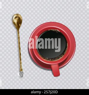 Realistic cup of coffee with a golden teaspoon, an orange cup, top view. Vector eps 10 illustration. Realistic cup of coffee with a golden teaspoon, an orange cup, top view. Vector illustration Stock Vector