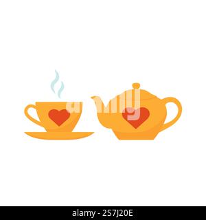 Teapot and cup. Yellow tea-set with red hearts. Flat design. Vector illustration. Teapot, cup icon. Vector illustration. Yellow tea-set. Flat design. Stock Vector