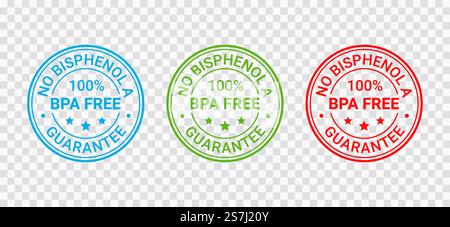 BPA free stamp. No bisphenol badge. Non toxic plastic round label. Certified seal imprint for eco package. illustration. BPA free stamp. Non toxic plastic emblem. Eco packaging sticker. Vector illustration. Stock Vector