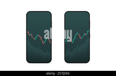 Phone with display of stock market quotes. Candlestick on a white background. Investment trading in the stock market. Vector illustration. Stock Vector