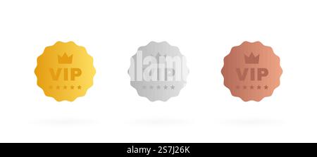 Set VIP badges in gold, silver and bronze color. Round label with three vip level. Modern vector illustration.. Set VIP badges in gold, silver and bronze color. Round label with three vip level. Modern vector illustration Stock Vector
