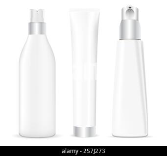 Cosmetic bottle mockup. Face serum dispenser package. beauty cream tube sample design illustration. Foundation cream pump dispenser, moisturizer blank template. Face foam packaging isolated. Cosmetic bottle mockup. Serum dispenser package Stock Vector