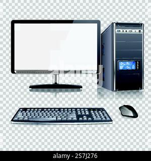 Realistic High Detailed 3D Computer Case with Monitor, Keyboard and Mouse, on transparent background. desktop pc with shadow. isolated vector illustration Stock Vector