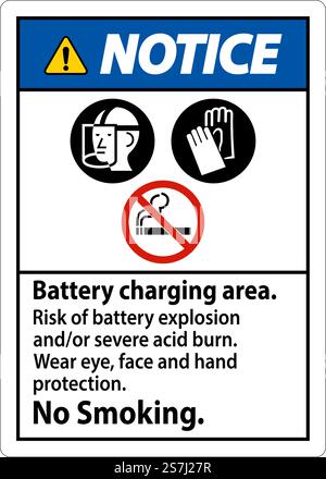 Notice Sign Battery Charging Area, Risk of Battery Explosion or Severe Acid Burn, No Smoking Stock Vector