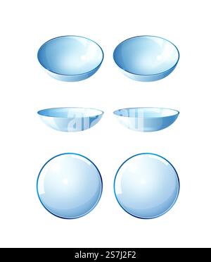 Vector realistic contact lenses mockup set. Blue eyesight correction optics. Medical lenses for eyesight correction.. Vector realistic contact lenses blue mock up set Stock Vector