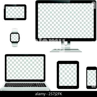 Set of realistic computer monitor, laptop, tablet, mobile phone, smart watch and GPS navigation system device with transparent screen. Modern technology devices with transparent wallpaper screen Stock Vector