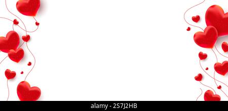 Air 3d love decor shapes with line falling over on white blank background. Horizontal minimal poster, greeting cards, headers, website. Flat lay, top view, copy space. Vector illustration. Realistic love shape decor with line over air on white blank background. Flat lay, top view, copy space. Vector illustration. Horizontal poster, greeting cards, headers, website Stock Vector