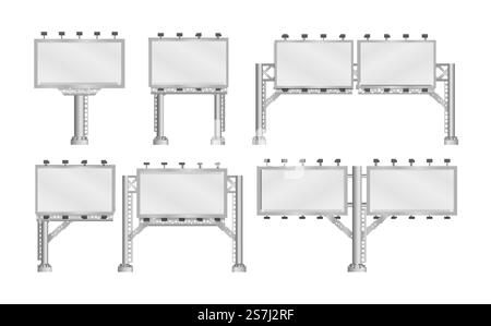 Blank big billboard with white lights on white background. A set of realistic mockups and templates for urban banners, posters and billboards for advertising and marketing promotion. Vector.. Blank big billboard. Stock Vector