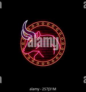 Neon bull sign. Glowing Red bull emblem isolated in circle frame. Chinese New Year symbol. Vector illustration in neon style. Stock Vector