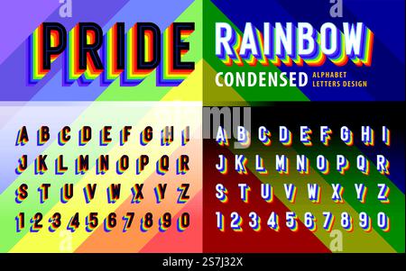 Vector of Rainbow flag colors Alphabet Letters and numbers, Retro Colorful stylized fonts, 3d Alphabet with shadow font, Pride Rainbow Condensed shadow Letters set for Festival, LGBT Party, Fun Fair Stock Vector