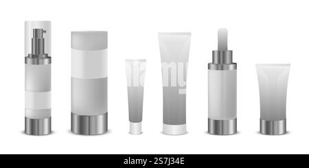 3d illustration of various blank cosmetic container mock-ups. Set of realistic cosmetic white clean bottles. Collection cosmetic bottle Stock Vector