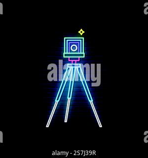 Neon Photo camera sign. Retro photo camera on tripod. Bright light signboard. Vector illustration in neon style. Stock Vector