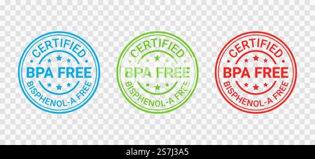 BPA free stamp. Non toxic plastic badge, icon. No bisphenol round label, emblem. BPA free badge, stamp. Non toxic plastic label. Ecological packaging emblem. Vector illustration. Stock Vector