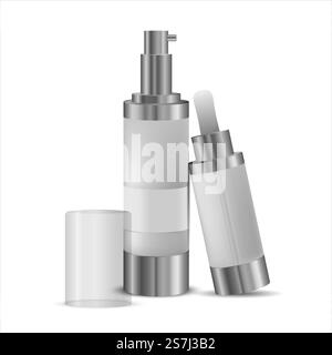Set of blank cosmetic bottle mock-ups with pump cap.Collection of beauty product bottles and containers for cosmetics with silver caps and space for brand name. Collection cosmetic bottle Stock Vector