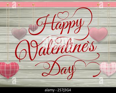 Valentines day toy hearts hanging on rope over light wooden background with copy space. EPS 10 vector file included. Valentines day toy hearts hanging on rope. EPS 10 Stock Vector
